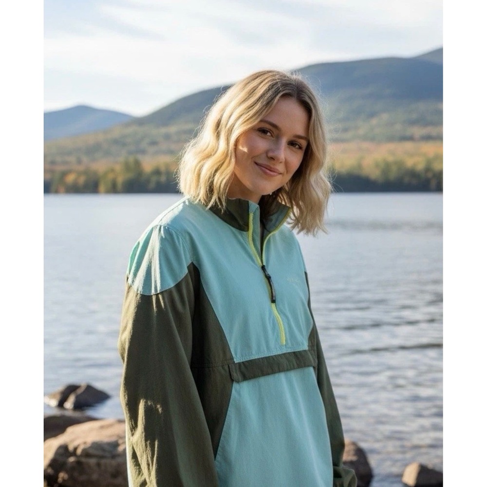 LL Bean Teal Olive Green Colorblock Nylon Anorak Windbreaker Jacket Large 510052